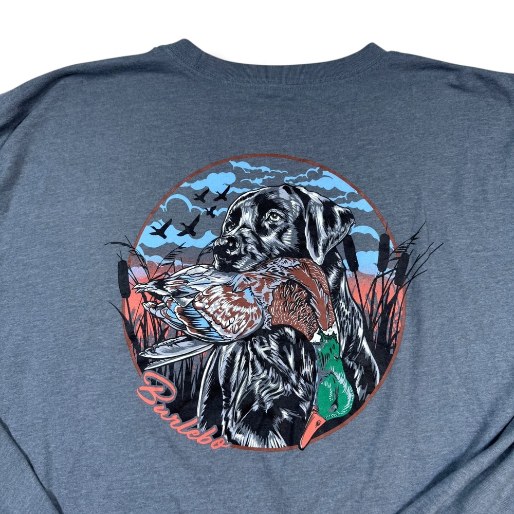 Burlebo Long‎ Sleeve T-Shirt Mens 2XL Gray Black Lab Duck Hunting Graphic Pocket